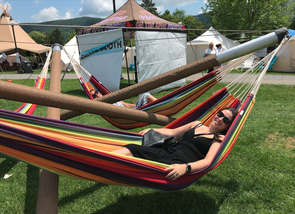 relaxing in hammock at Adirondack food festival 